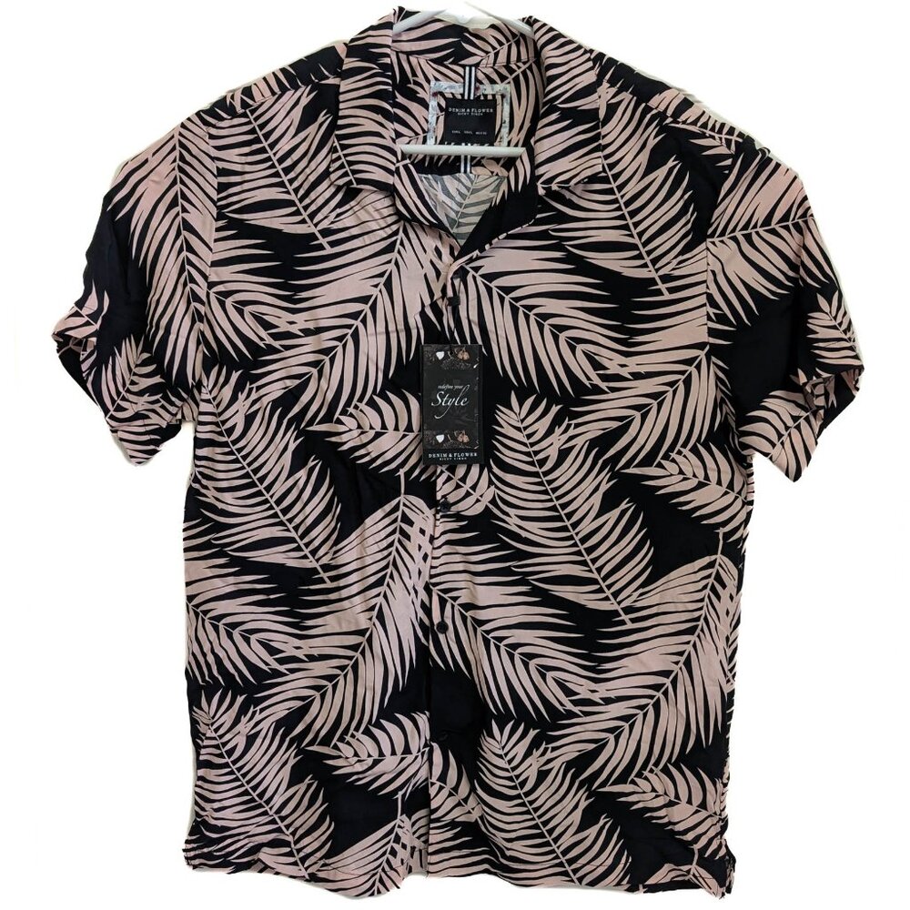 NWT Denim Flower Ricky Singh Mens Button Front Shirt Size L Tropical Pink Floral